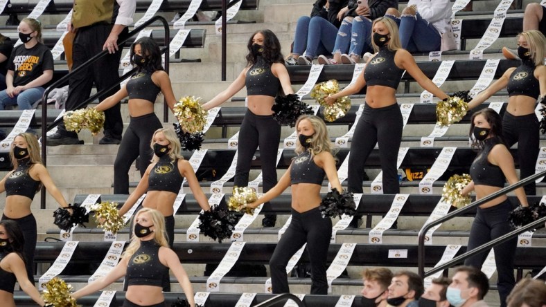 Mar 6, 2021; Columbia, Missouri, USA; The Missouri Tigers Golden Girls perform during the first half of the game against the LSU Tigers at Mizzou Arena. Mandatory Credit: Denny Medley-USA TODAY Sports