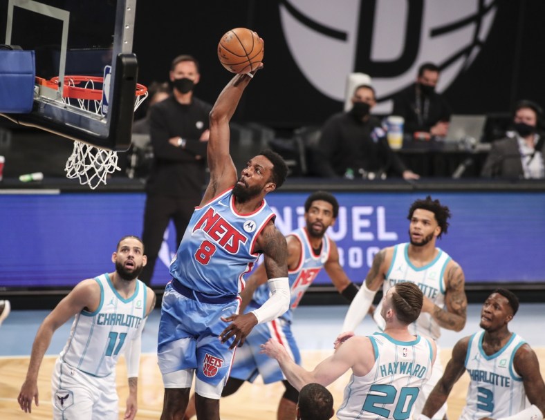 Apr 1, 2021; Brooklyn, New York, USA; Brooklyn Nets forward Jeff Green (8) goes in for a slam dunk in the first quarter against the Charlotte Hornets at Barclays Center. Mandatory Credit: Wendell Cruz-USA TODAY Sports