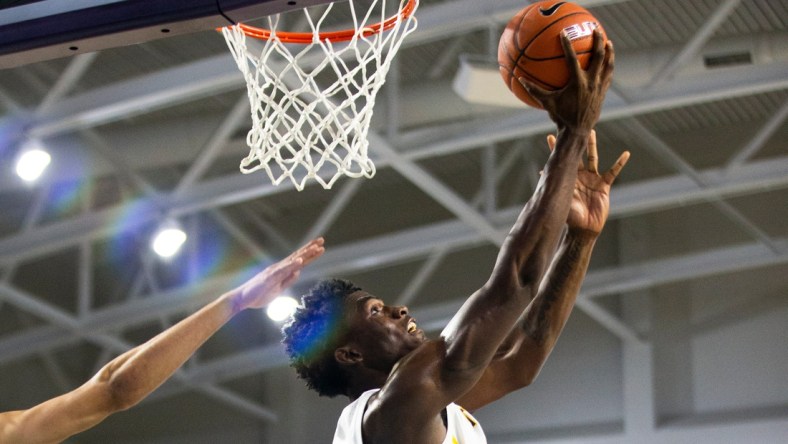 Montverde's Jalen Duren shoots the ball during the GEICO Nationals Tournament boys championship game at Suncoast Credit Union Arena in Fort Myers on Saturday, April 3, 2021. Montverde Academy (Florida) beat Sunrise Christian Academy (Kansas) 62-52.

Ndn 0403 Ad Geico Nationals Boys 020