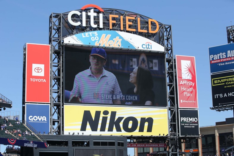 Apr 8, 2021; New York City, New York, USA; A message from New York Mets owners Steve Cohen and his wife Alex is played on the video board before an opening day game against the Miami Marlins at Citi Field. Mandatory Credit: Brad Penner-USA TODAY Sports