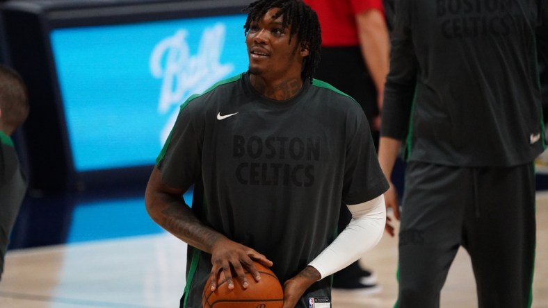 Apr 11, 2021; Denver, Colorado, USA; Boston Celtics center Robert Williams III (44) warms up before the game against the Denver Nuggets at Ball Arena. Mandatory Credit: Ron Chenoy-USA TODAY Sports