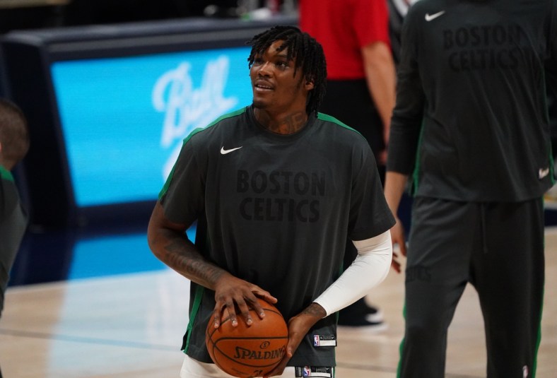 Apr 11, 2021; Denver, Colorado, USA; Boston Celtics center Robert Williams III (44) warms up before the game against the Denver Nuggets at Ball Arena. Mandatory Credit: Ron Chenoy-USA TODAY Sports