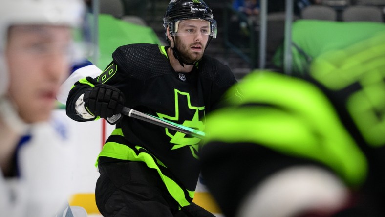 Mar 23, 2021; Dallas, Texas, USA; Dallas Stars center Jason Dickinson (18) in action during the game between the Dallas Stars and the Tampa Bay Lightning at the American Airlines Center. Mandatory Credit: Jerome Miron-USA TODAY Sports