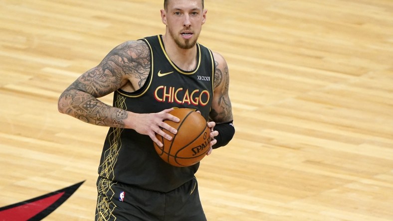 May 3, 2021; Chicago, Illinois, USA; Chicago Bulls center Daniel Theis (27) holds the ball during the second quarter against the Philadelphia 76ers at the United Center. Mandatory Credit: Mike Dinovo-USA TODAY Sports