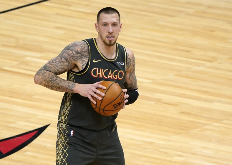 May 3, 2021; Chicago, Illinois, USA; Chicago Bulls center Daniel Theis (27) holds the ball during the second quarter against the Philadelphia 76ers at the United Center. Mandatory Credit: Mike Dinovo-USA TODAY Sports