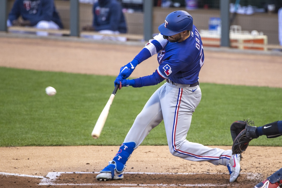 May 4, 2021; Minneapolis, Minnesota, USA; Texas Rangers right fielder David Dahl (21) hits a ground rule double in the second inning against the Minnesota Twins at Target Field. Mandatory Credit: Jesse Johnson-USA TODAY Sports