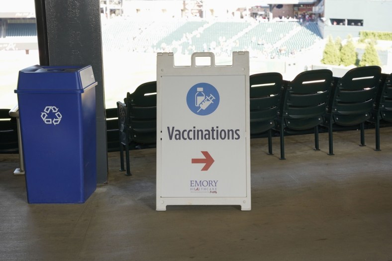 May 7, 2021; Cumberland, Georgia, USA; General views of the vaccination check in offered at the ball park prior to the game between the Atlanta Braves and the Philadelphia Phillies at Truist Park. Mandatory Credit: Dale Zanine-USA TODAY Sports