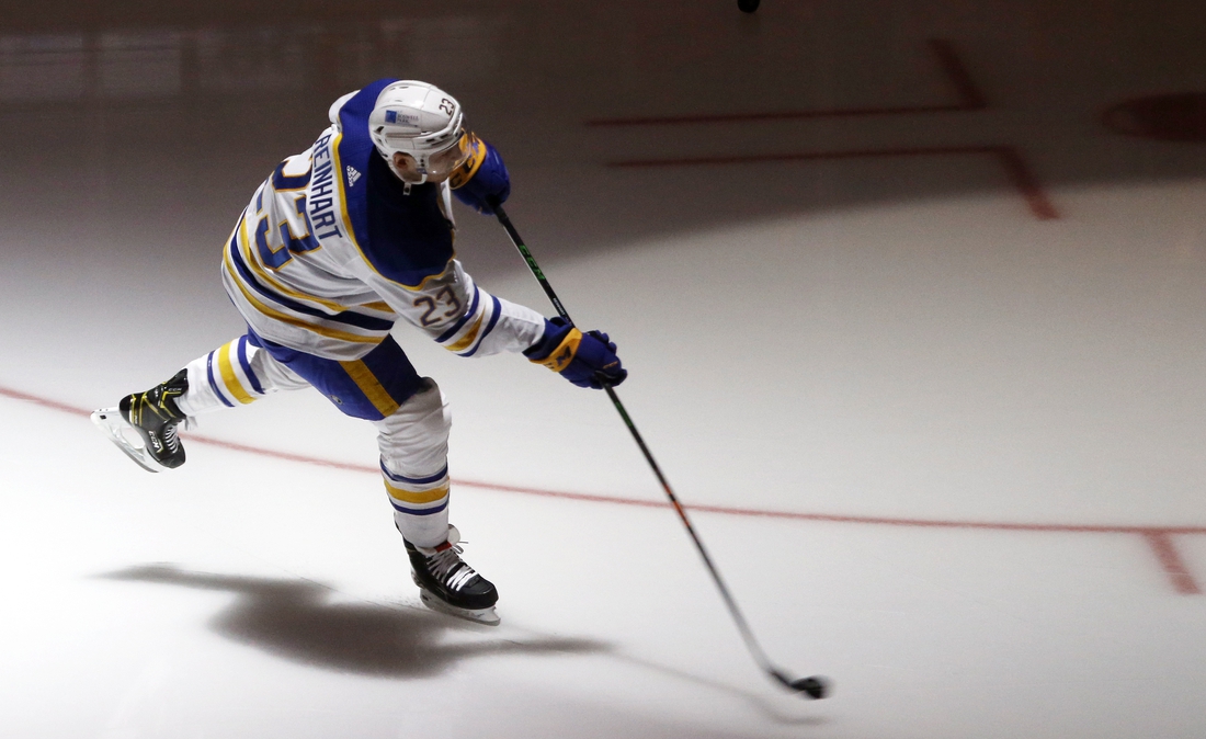 May 8, 2021; Pittsburgh, Pennsylvania, USA;  Buffalo Sabres center Sam Reinhart (23) takes the ice to warm up against the Pittsburgh Penguins at PPG Paints Arena. Mandatory Credit: Charles LeClaire-USA TODAY Sports