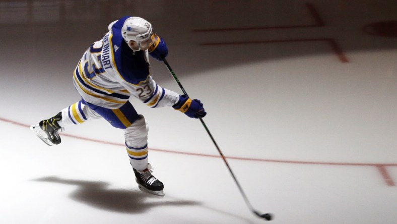 May 8, 2021; Pittsburgh, Pennsylvania, USA;  Buffalo Sabres center Sam Reinhart (23) takes the ice to warm up against the Pittsburgh Penguins at PPG Paints Arena. Mandatory Credit: Charles LeClaire-USA TODAY Sports