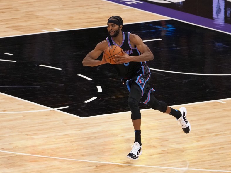 May 11, 2021; Sacramento, California, USA; Sacramento Kings forward-guard Maurice Harkless (8) passes the ball down the court against the Oklahoma City Thunder during the third quarter at Golden 1 Center. Mandatory Credit: Kelley L Cox-USA TODAY Sports