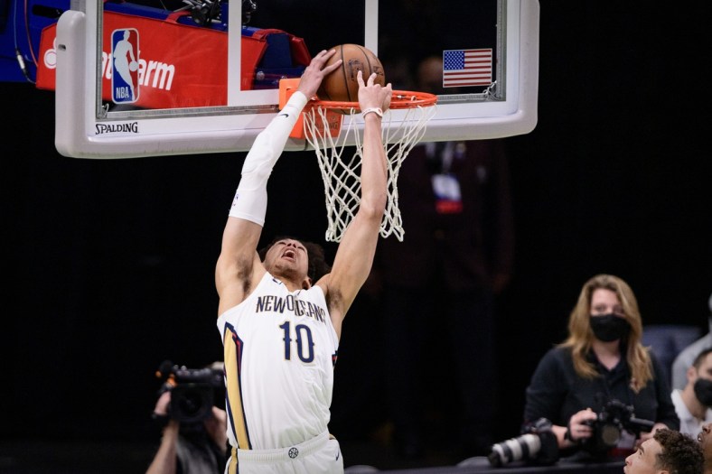 May 12, 2021; Dallas, Texas, USA; New Orleans Pelicans center Jaxson Hayes (10) dunks the ball against the Dallas Mavericks during the second quarter at the American Airlines Center. Mandatory Credit: Jerome Miron-USA TODAY Sports