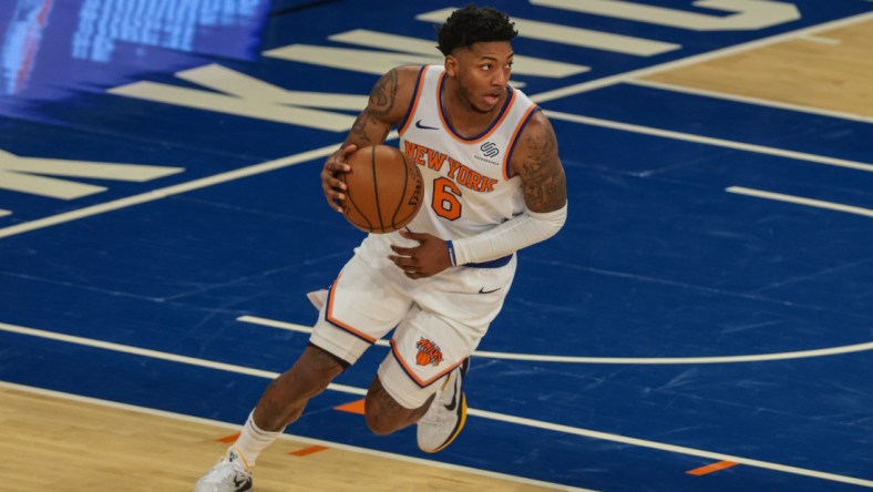 May 16, 2021; New York, New York, USA; New York Knicks guard Elfrid Payton (6) dribbles during the second half against the Boston Celtics at Madison Square Garden. Mandatory Credit: Vincent Carchietta-USA TODAY Sports