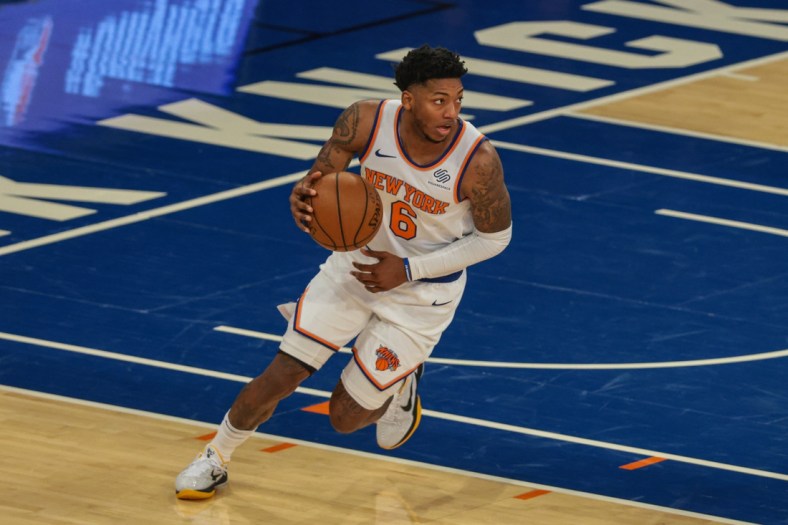 May 16, 2021; New York, New York, USA; New York Knicks guard Elfrid Payton (6) dribbles during the second half against the Boston Celtics at Madison Square Garden. Mandatory Credit: Vincent Carchietta-USA TODAY Sports
