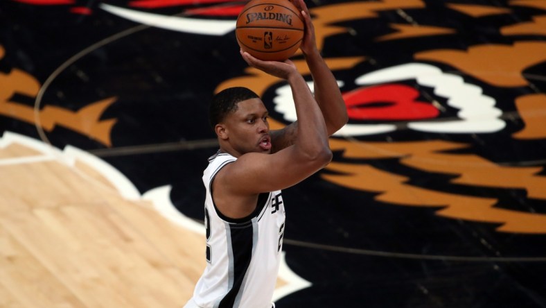 May 19, 2021; Memphis, Tennessee, USA; San Antonio Spurs forward Rudy Gay (22) shoots a three-point basket during the first quarter against the Memphis Grizzlies at FedExForum. Mandatory Credit: Petre Thomas-USA TODAY Sports