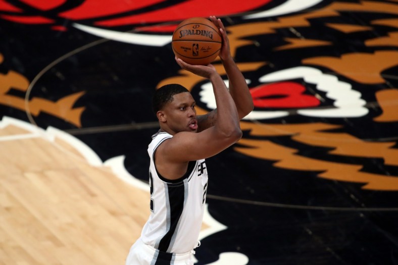 May 19, 2021; Memphis, Tennessee, USA; San Antonio Spurs forward Rudy Gay (22) shoots a three-point basket during the first quarter against the Memphis Grizzlies at FedExForum. Mandatory Credit: Petre Thomas-USA TODAY Sports