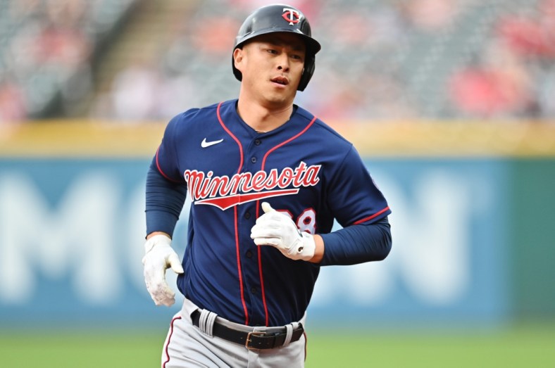May 21, 2021; Cleveland, Ohio, USA; Minnesota Twins center fielder Rob Refsnyder (38) rounds the bases after hitting a home run during the third inning against the Cleveland Indians at Progressive Field. Mandatory Credit: Ken Blaze-USA TODAY Sports