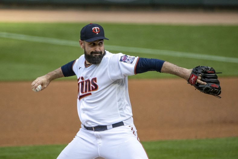 May 24, 2021; Minneapolis, Minnesota, USA; Minnesota Twins starting pitcher Matt Shoemaker (32) delivers a pitch in the first inning against the Baltimore Orioles at Target Field. Mandatory Credit: Jesse Johnson-USA TODAY Sports