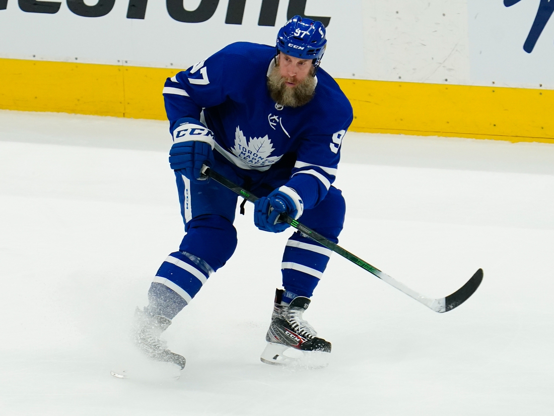 May 20, 2021; Toronto, Ontario, CAN; Toronto Maple Leafs forward Joe Thornton (97) passes the puck against the Montreal Canadiens during the first period of game one of the first round of the 2021 Stanley Cup Playoffs at Scotiabank Arena. Mandatory Credit: John E. Sokolowski-USA TODAY Sports