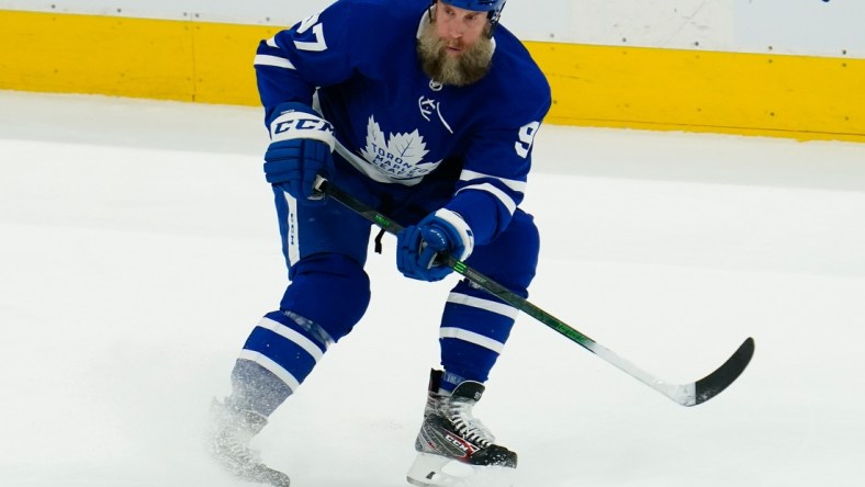 May 20, 2021; Toronto, Ontario, CAN; Toronto Maple Leafs forward Joe Thornton (97) passes the puck against the Montreal Canadiens during the first period of game one of the first round of the 2021 Stanley Cup Playoffs at Scotiabank Arena. Mandatory Credit: John E. Sokolowski-USA TODAY Sports