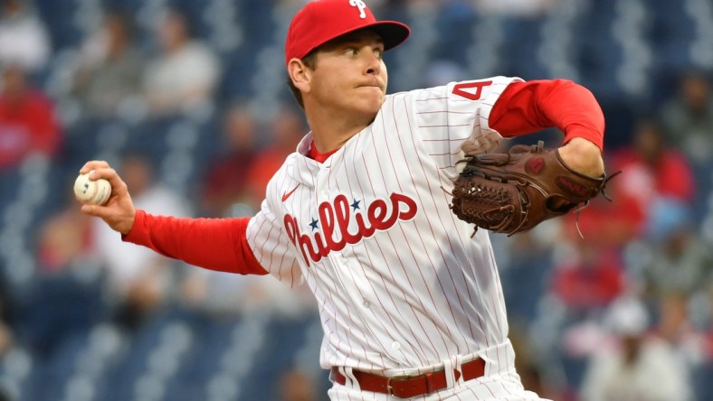 May 22, 2021; Philadelphia, Pennsylvania, USA; Philadelphia Phillies starting pitcher Spencer Howard (48) throws a pitch against the Boston Red Sox at Citizens Bank Park. Mandatory Credit: Eric Hartline-USA TODAY Sports