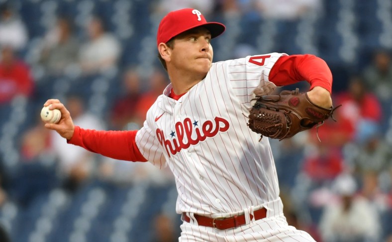 May 22, 2021; Philadelphia, Pennsylvania, USA; Philadelphia Phillies starting pitcher Spencer Howard (48) throws a pitch against the Boston Red Sox at Citizens Bank Park. Mandatory Credit: Eric Hartline-USA TODAY Sports