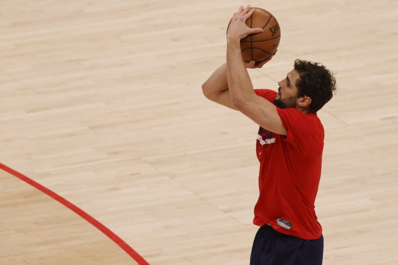 May 29, 2021; Washington, District of Columbia, USA; Washington Wizards guard Raul Neto warms up prior to the Wizards' game against the Philadelphia 76ers in game three in the first round of the 2021 NBA Playoffs at Capital One Arena. Mandatory Credit: Geoff Burke-USA TODAY Sports