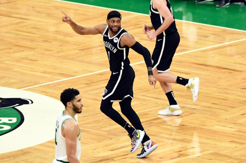 May 30, 2021; Boston, Massachusetts, USA; Brooklyn Nets forward Bruce Brown (1) reacts after scoring against the Boston Celtics during the second half of game four in the first round of the 2021 NBA Playoffs. at TD Garden. Mandatory Credit: Brian Fluharty-USA TODAY Sports