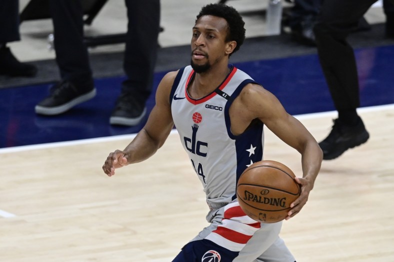 May 31, 2021; Washington, District of Columbia, USA; Washington Wizards guard Ish Smith (14) dribbles against the Philadelphia 76ers during game four in the first round of the 2021 NBA Playoffs. at Capital One Arena. Mandatory Credit: Tommy Gilligan-USA TODAY Sports