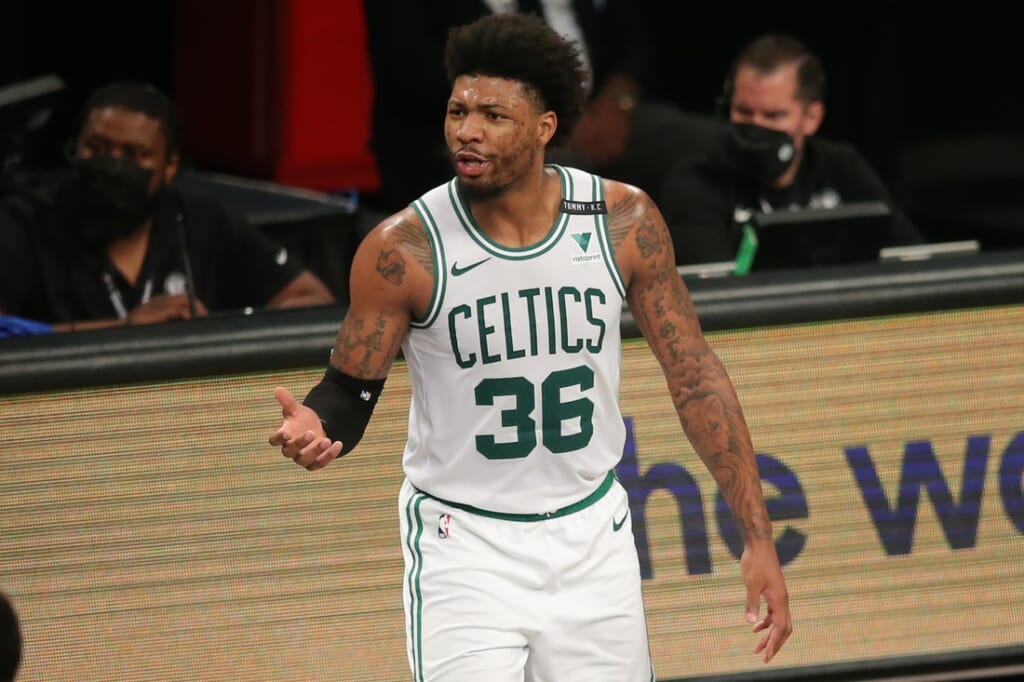 Jun 1, 2021; Brooklyn, New York, USA; Boston Celtics point guard Marcus Smart (36) reacts after being called for a foul during the second quarter of game five of the first round of the 2021 NBA Playoffs against the Brooklyn Nets at Barclays Center. Mandatory Credit: Brad Penner-USA TODAY Sports