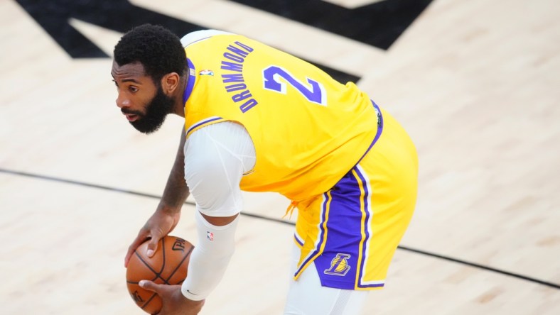 Jun 1, 2021; Phoenix, Arizona, USA; Los Angeles Lakers center Andre Drummond (2) against the Phoenix Suns during game five in the first round of the 2021 NBA Playoffs at Phoenix Suns Arena. Mandatory Credit: Mark J. Rebilas-USA TODAY Sports