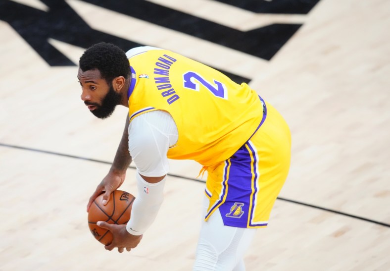 Jun 1, 2021; Phoenix, Arizona, USA; Los Angeles Lakers center Andre Drummond (2) against the Phoenix Suns during game five in the first round of the 2021 NBA Playoffs at Phoenix Suns Arena. Mandatory Credit: Mark J. Rebilas-USA TODAY Sports