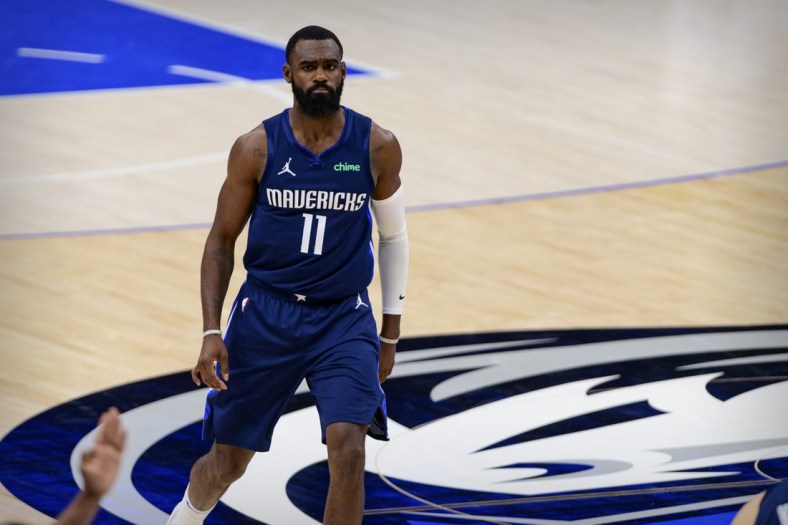 May 28, 2021; Dallas, Texas, USA; Dallas Mavericks forward Tim Hardaway Jr. (11) in action during game three between the Clippers and the Mavericks in the first round of the 2021 NBA Playoffs at American Airlines Center. Mandatory Credit: Jerome Miron-USA TODAY Sports