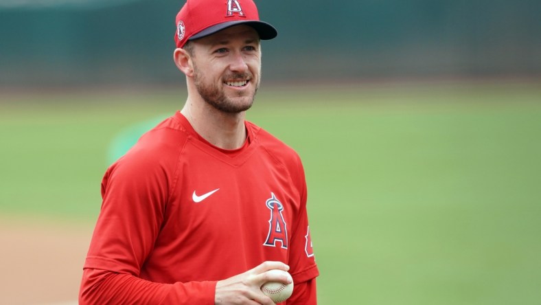 May 29, 2021; Oakland, California, USA; Los Angeles Angels starting pitcher Griffin Canning (47) stands on the field before the game against the Oakland Athletics at RingCentral Coliseum. Mandatory Credit: Darren Yamashita-USA TODAY Sports