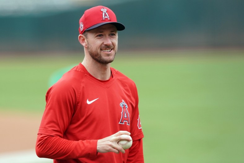 May 29, 2021; Oakland, California, USA; Los Angeles Angels starting pitcher Griffin Canning (47) stands on the field before the game against the Oakland Athletics at RingCentral Coliseum. Mandatory Credit: Darren Yamashita-USA TODAY Sports