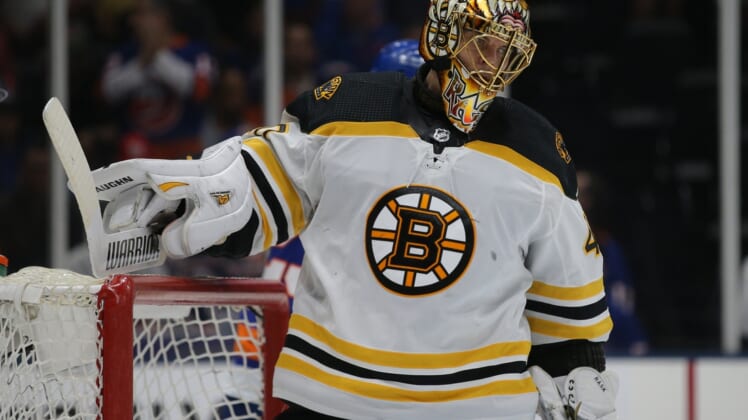 Jun 9, 2021; Uniondale, New York, USA; Boston Bruins goalie Tuukka Rask (40) reacts after a goal by the New York Islanders during the second period of game six of the second round of the 2021 Stanley Cup Playoffs at Nassau Veterans Memorial Coliseum. Mandatory Credit: Brad Penner-USA TODAY Sports