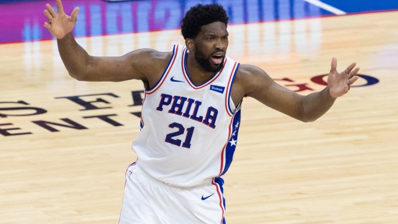 Jun 20, 2021; Philadelphia, Pennsylvania, USA; Philadelphia 76ers center Joel Embiid (21) in action against the Atlanta Hawks during the first quarter of game seven of the second round of the 2021 NBA Playoffs at Wells Fargo Center. Mandatory Credit: Bill Streicher-USA TODAY Sports