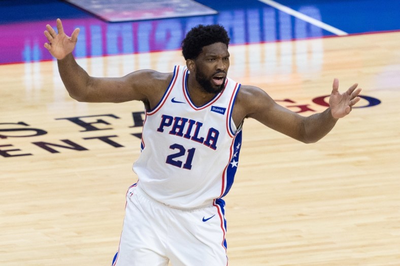 Jun 20, 2021; Philadelphia, Pennsylvania, USA; Philadelphia 76ers center Joel Embiid (21) in action against the Atlanta Hawks during the first quarter of game seven of the second round of the 2021 NBA Playoffs at Wells Fargo Center. Mandatory Credit: Bill Streicher-USA TODAY Sports