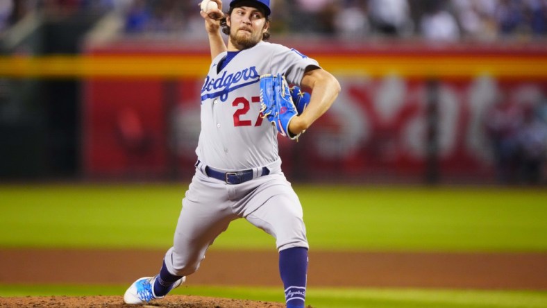 Jun 18, 2021; Phoenix, Arizona, USA; Los Angeles Dodgers pitcher Trevor Bauer against the Arizona Diamondbacks at Chase Field. Mandatory Credit: Mark J. Rebilas-USA TODAY Sports