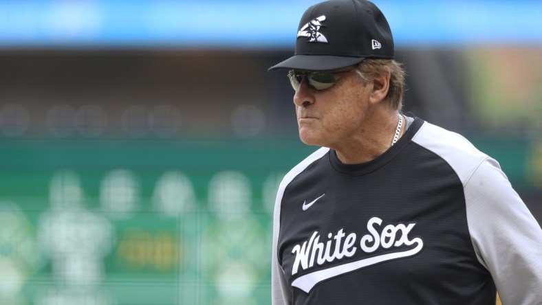 Jun 22, 2021; Pittsburgh, Pennsylvania, USA;  Chicago White Sox manager Tony La Russa (22) observes batting practice before the game against the Pittsburgh Pirates at PNC Park. Mandatory Credit: Charles LeClaire-USA TODAY Sports