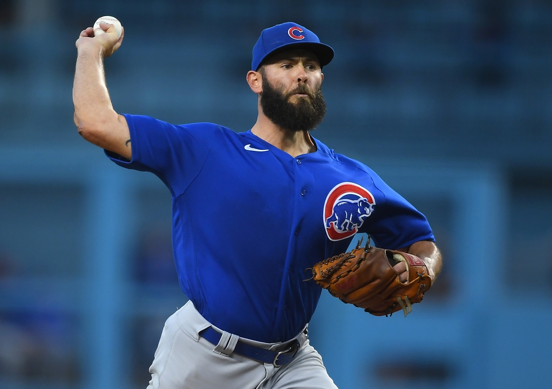 Jun 25, 2021; Los Angeles, California, USA;  Chicago Cubs starting pitcher Jake Arrieta (49) pitches in the third inning of the game against the Los Angeles Dodgers at Dodger Stadium. Mandatory Credit: Jayne Kamin-Oncea-USA TODAY Sports