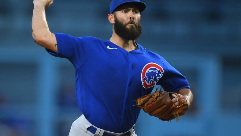 Jun 25, 2021; Los Angeles, California, USA;  Chicago Cubs starting pitcher Jake Arrieta (49) pitches in the third inning of the game against the Los Angeles Dodgers at Dodger Stadium. Mandatory Credit: Jayne Kamin-Oncea-USA TODAY Sports