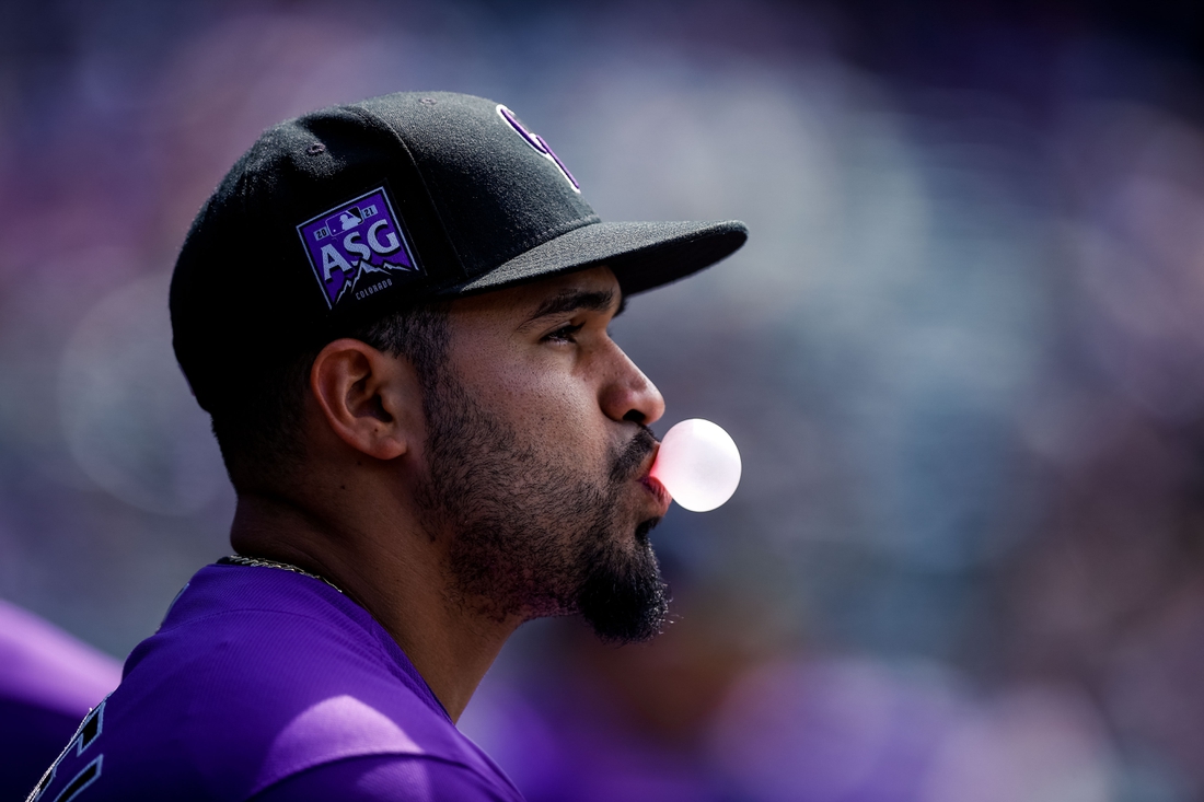 Jun 28, 2021; Denver, Colorado, USA; Colorado Rockies pitcher Antonio Senzatela (49) in the dugout before the game against the Pittsburgh Pirates at Coors Field. Mandatory Credit: Isaiah J. Downing-USA TODAY Sports