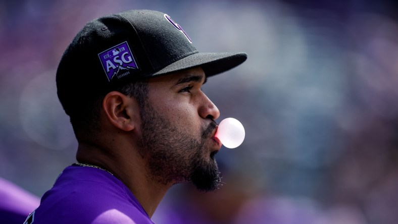 Jun 28, 2021; Denver, Colorado, USA; Colorado Rockies pitcher Antonio Senzatela (49) in the dugout before the game against the Pittsburgh Pirates at Coors Field. Mandatory Credit: Isaiah J. Downing-USA TODAY Sports