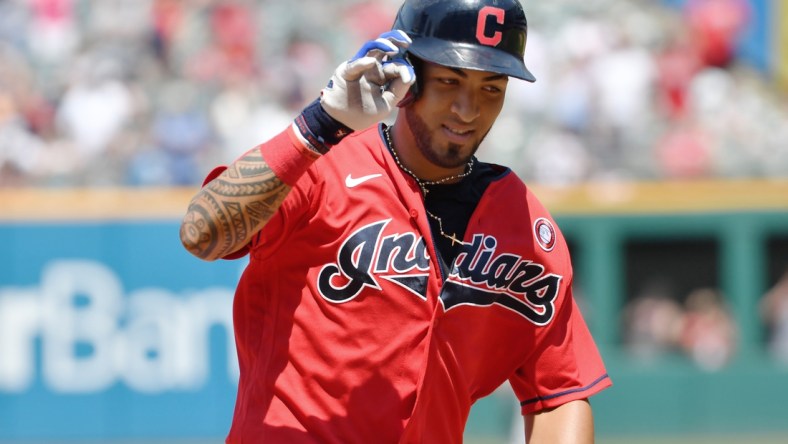 Jul 4, 2021; Cleveland, Ohio, USA; Cleveland Indians left fielder Eddie Rosario (9) rounds the bases after hitting a home run during the sixth inning against the Houston Astros at Progressive Field. Mandatory Credit: Ken Blaze-USA TODAY Sports