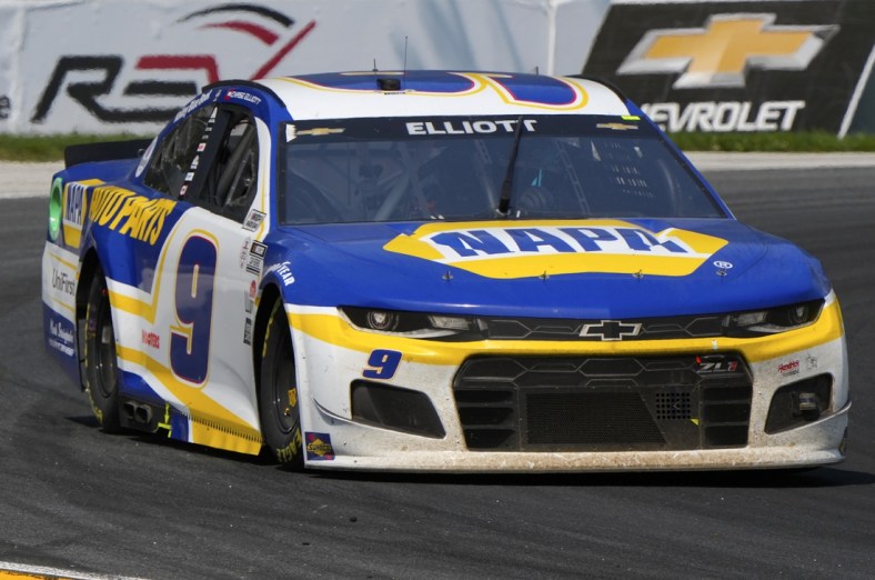 Jul 4, 2021; Elkhart Lake, Wisconsin, USA; NASCAR Cup Series driver Chase Elliott (9) during the Jockey Made in America 250 Presented by Kwik Trip at Road America. Elliott won the race. Mandatory Credit: Mike Dinovo-USA TODAY Sports