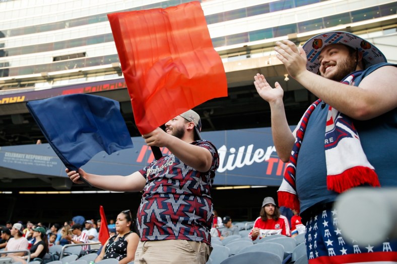 Jul 3, 2021; Chicago, Illinois, USA; Chicago Fire fans cheer before the game between the Chicago Fire and the Atlanta United at Soldier Field. Mandatory Credit: Jon Durr-USA TODAY Sports