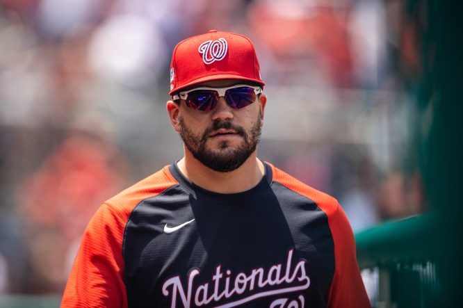 Jul 4, 2021; Washington, District of Columbia, USA; Washington Nationals Kyle Schwarber (12) looks on from the dugout during the game against the Los Angeles Dodgers at Nationals Park. Mandatory Credit: Scott Taetsch-USA TODAY Sports
