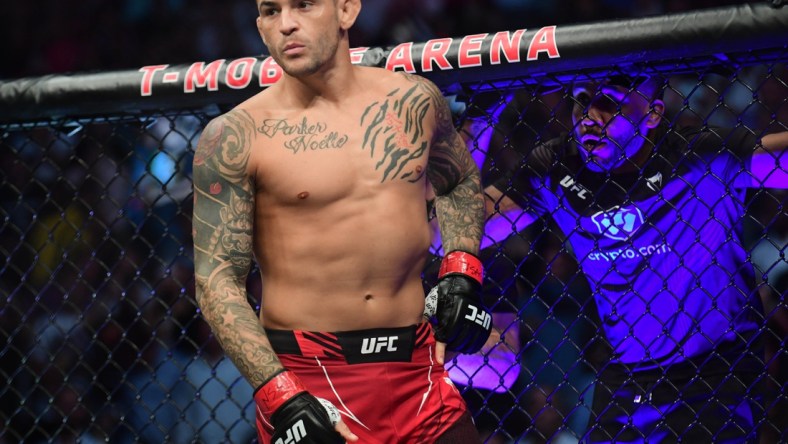 Jul 10, 2021; Las Vegas, Nevada, USA; Dustin Poirier before fighting Conor McGregor during UFC 264 at T-Mobile Arena. Mandatory Credit: Gary A. Vasquez-USA TODAY Sports