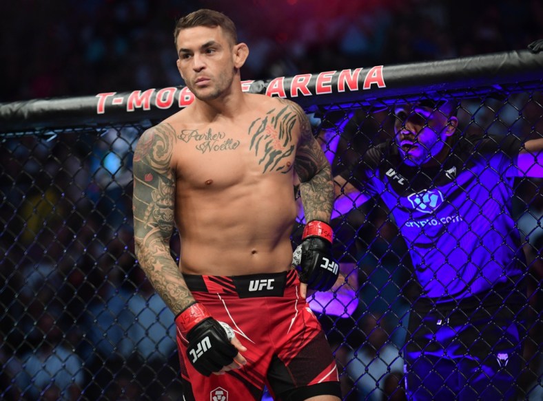 Jul 10, 2021; Las Vegas, Nevada, USA; Dustin Poirier before fighting Conor McGregor during UFC 264 at T-Mobile Arena. Mandatory Credit: Gary A. Vasquez-USA TODAY Sports