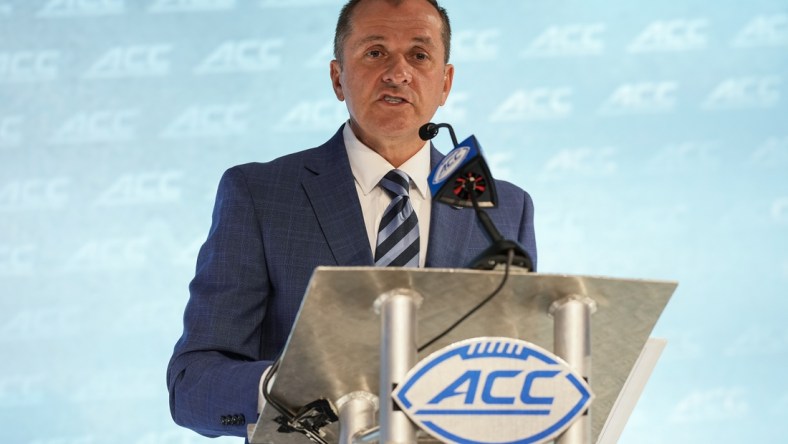 Jul 21, 2021; Charlotte, NC, USA; ACC commissioner Jim Phillips speaks to the media during the ACC Kickoff at The Westin Charlotte. Mandatory Credit: Jim Dedmon-USA TODAY Sports